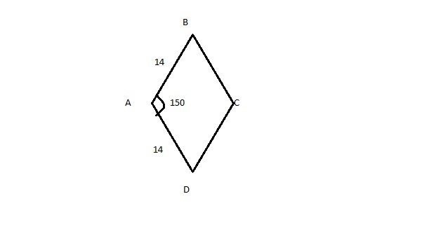 Градусы ромба. Площадь ромба угол 150 6см. Площадь ромба если его сторона 14 а угол 150 градусов. Площадь ромба с углом 150 градусов. Ромб и угол 150.