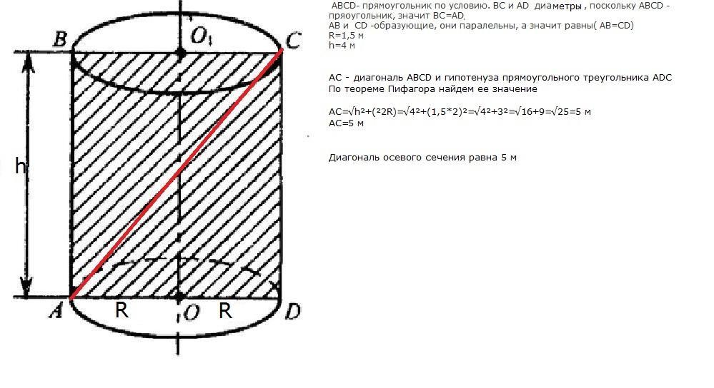 Диагональ сечения цилиндра. Радиус основания цилиндра 2 м. Диагональ осевого сечения цилиндра равна 5. Радиус основания цилиндра 1,5 см, высота 4см. Радиус основания цилиндра 4 диагональ осевого сечения.