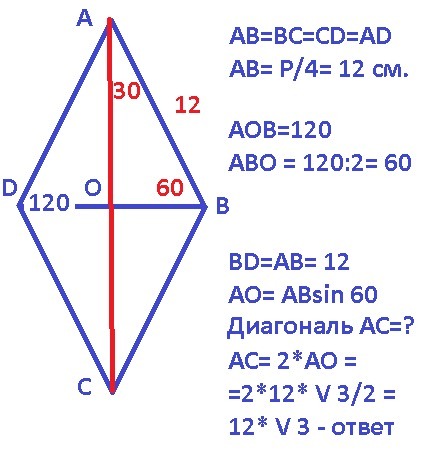 Сумма двух углов ромба 120 периметр 68