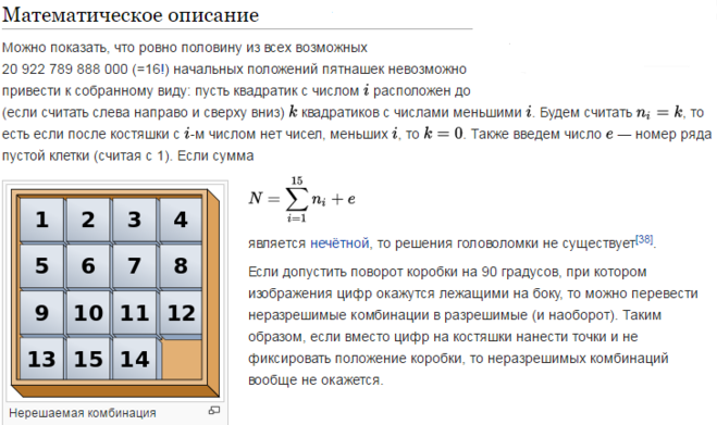математическое описание головоломки "Пятнашки"