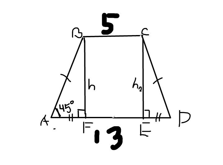 Основания равнобедренной трапеции равны 5. Равнобедрянная трапеция5. Чему равна высота проведенная к основанию равнобедренной трапеции. Трапеция основания a b и h. Угол при основании в трапеции равен 45.