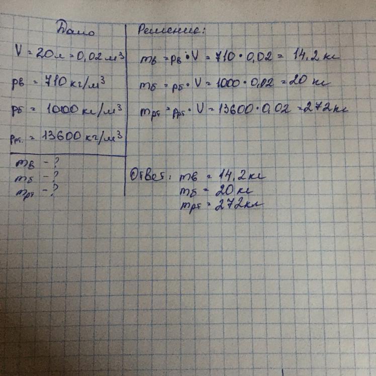 Какова масса 0.5 л спирта ртути. Определите массу воды объемом 2.5 л. Определите массу природного. Определить массу воды объемом 10 литров. Определите массу бензина объемом 20 л(20кг,14,2кг,272кг).