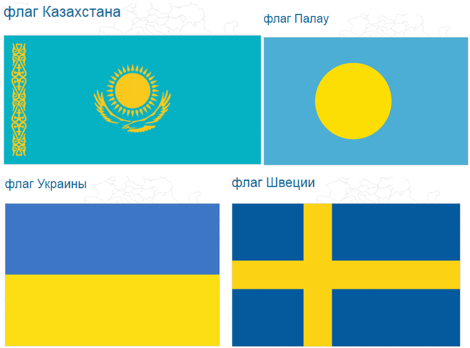 флаги стран/государств Казахстана, Палау, Украины, Швеции