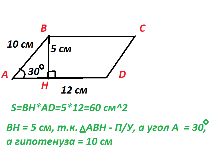 Используя рисунок найдите площадь параллелограмма abcd ab 10 bc 12