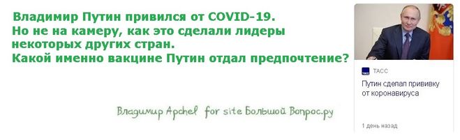 Владимир Путин привился от COVID-19.   Но не на камеру, как это сделали лидеры  лидеры некоторых других стран.  Какой именно вакцине Путин отдал предпочтение? чем привился Путин