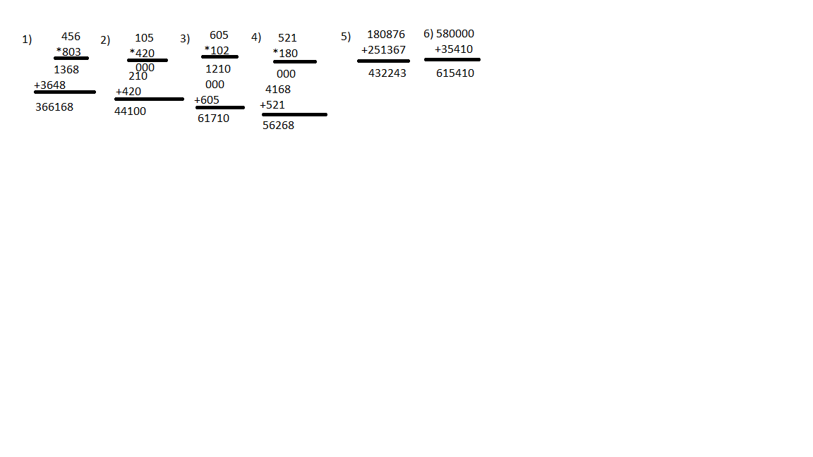 35 000 5. 456 Умножить на 803 столбиком. 521 Умножить на 180 столбиком. 456 803 605 102 105 420 521 180 В столбик. 105 420 В столбик.