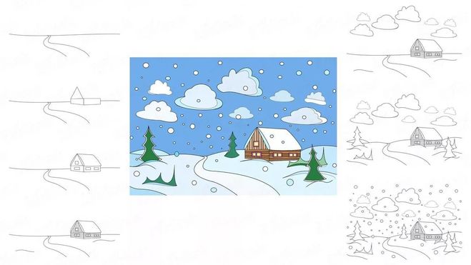 Рисование зимнего пейзажа гуашью поэтапно вместе с ребёнком
