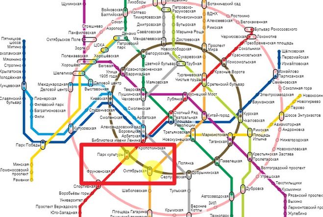 Метро Парк Культуры и м. Октябрьская на схеме метро