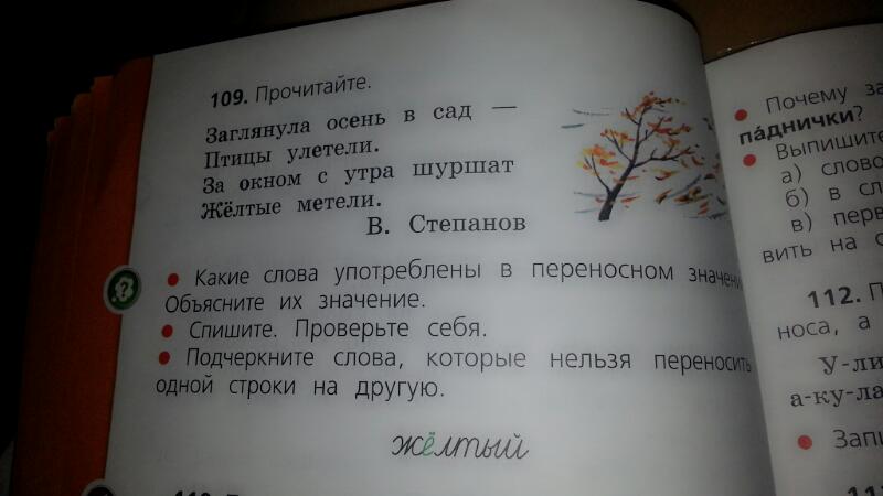 Прочитайте в каких словах есть. Подчеркни слова которые нельзя перенести. Заглянула осень в сад птицы улетели 2 класс слова. Подчеркни слова употребленные в переносном значении. Стих Воробей заглянула осень в сад.