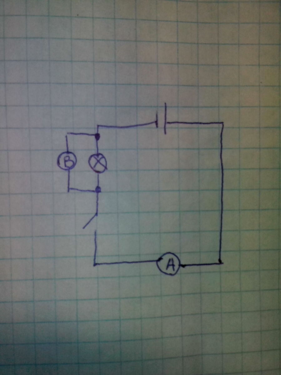 Нарисуйте схему электрической цепи состоящей из источника тока ключа лампочки амперметра вольтметра