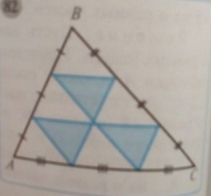 Фигура соединенная тремя отрезками. Каждая из сторон треугольника разделена на 3 равных отрезка и точки. Каждую из сторон треугольника разделили на три равные части. Треугольник разделили +на 9 треугольников. Разделите произвольный треугольник на 9 равных треугольников.