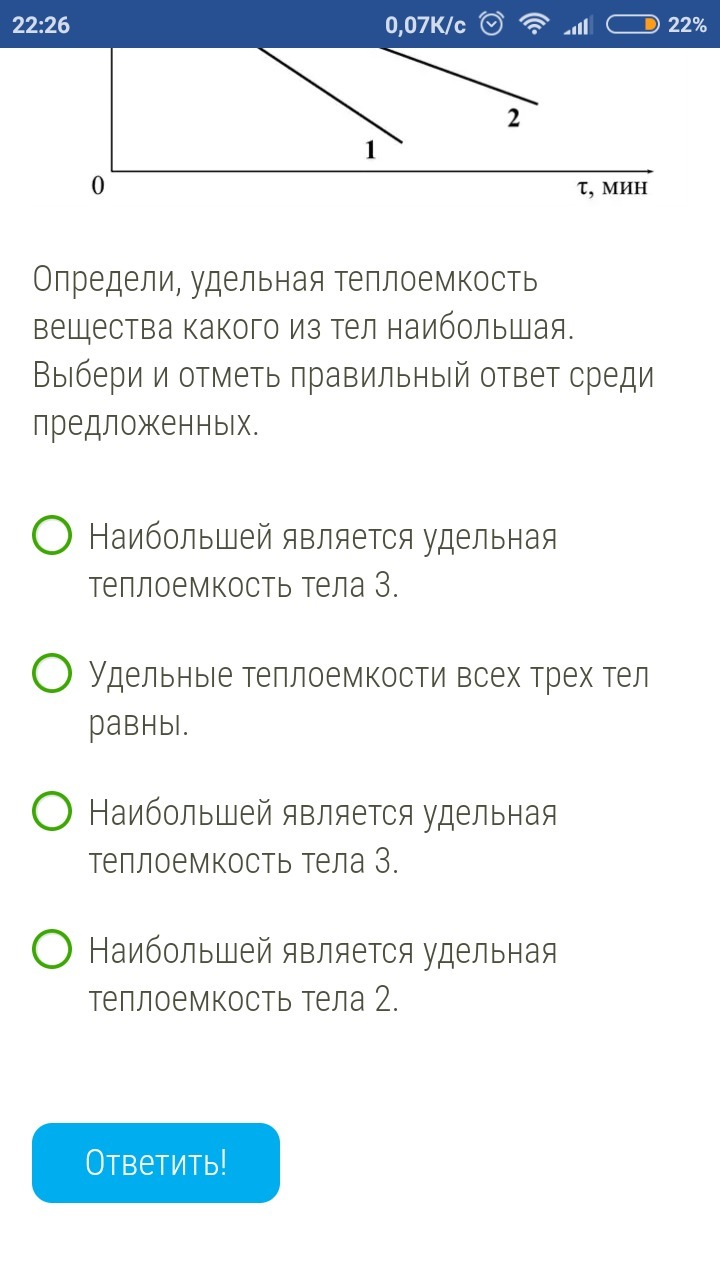 Отметьте правильные ответы среди предложенных. Температура трёх остывающих в одних и тех же условиях тел массой. Определи у какого из тел Удельная теплоёмкость вещества наименьшая. Температура трех остывающих. Как понять у какого тела больше теплоемкость.