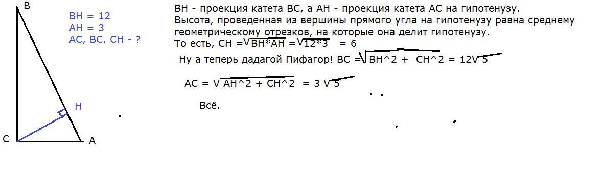 Проекция катета равна. Проекция катета на гипотенузу в прямоугольном треугольнике равна. Проекция на гипотенузу. В прямоугольном треугольнике катет равен корень из. Высота равна проекции катетов на гипотенузу.