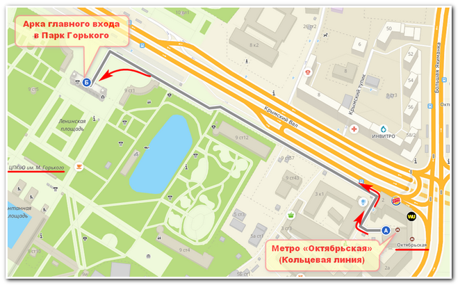 Схема, как пройти к Парку Горького