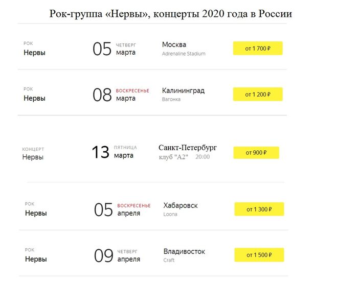 рок-группа Нервы гастрольный график / концерты 2020