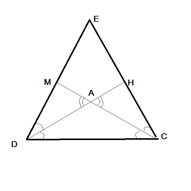 Высота де треугольника. Треугольник CDE. В треугольнике CDE стороны ce и de равны биссектрисы cm и DH пересекаются. Сторона de треугольника de. В треугольнике CDE стороны ce и de равны биссектрисы.