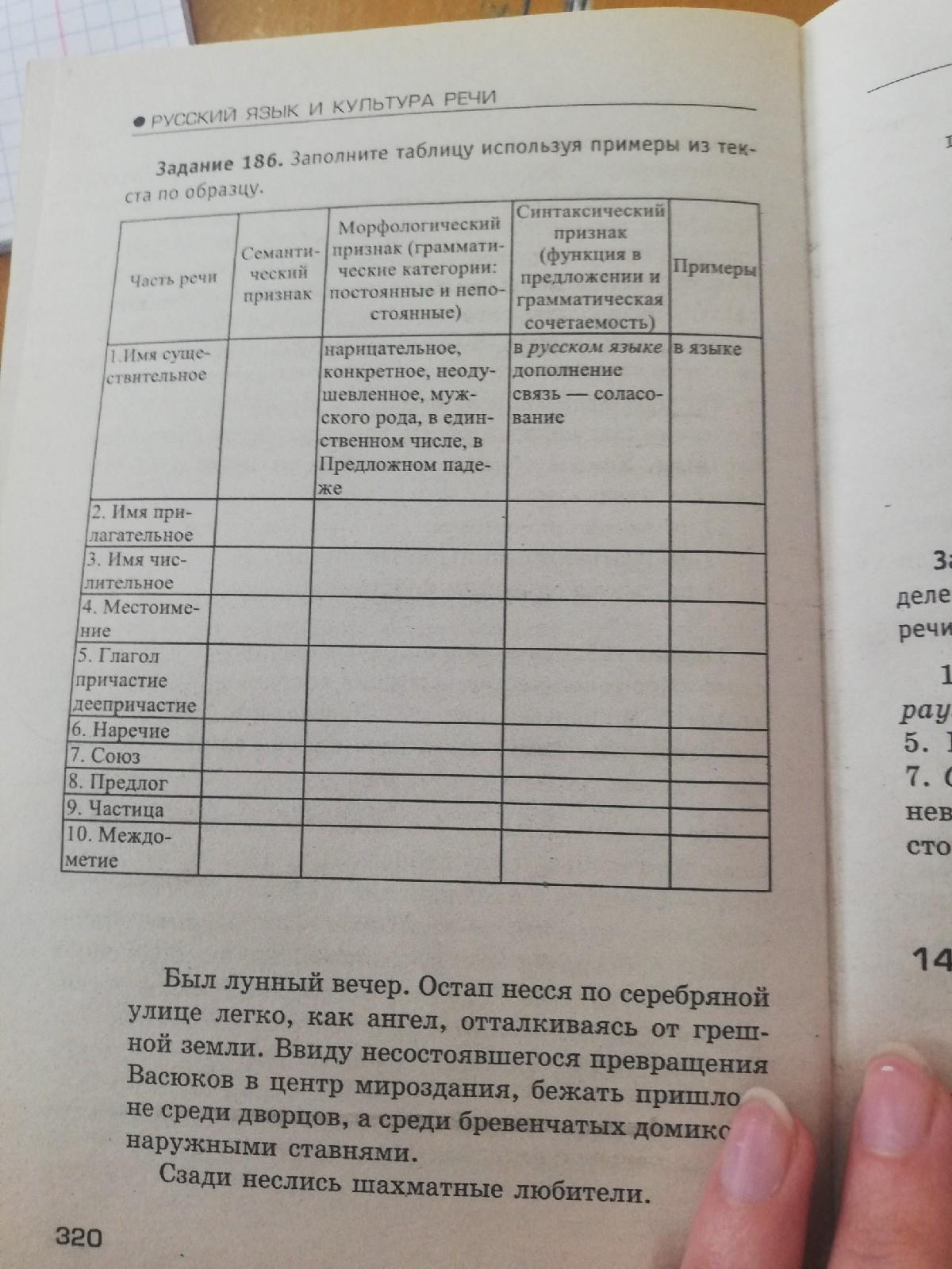 Заполните таблицу используя примеры из текста по образцу был лунный вечер остап несся по серебряной