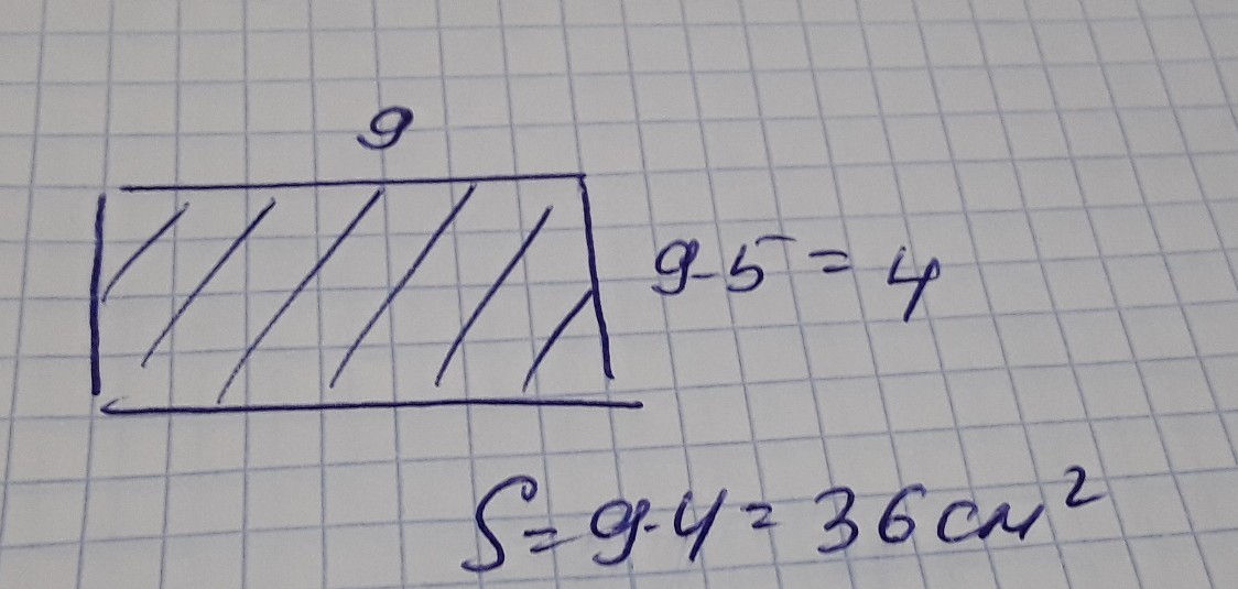 Длина прямоугольника 5см. Найди площадь прямоугольника если его длина 9см а ширина на 5см меньше.