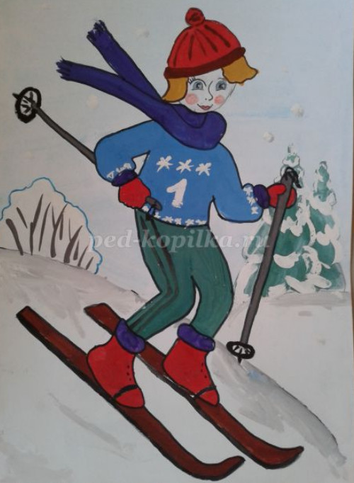 как нарисовать лыжника поэтапно карандашом и гуашью для детей 6-8 лет мастер-класс