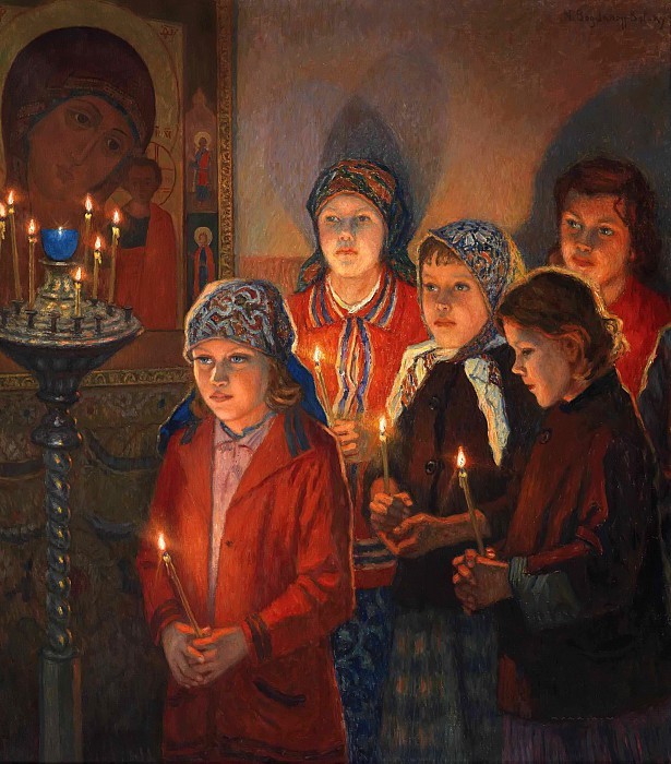 составить рассказ-описание по картине К. Богданова-Бельского «В церкви»