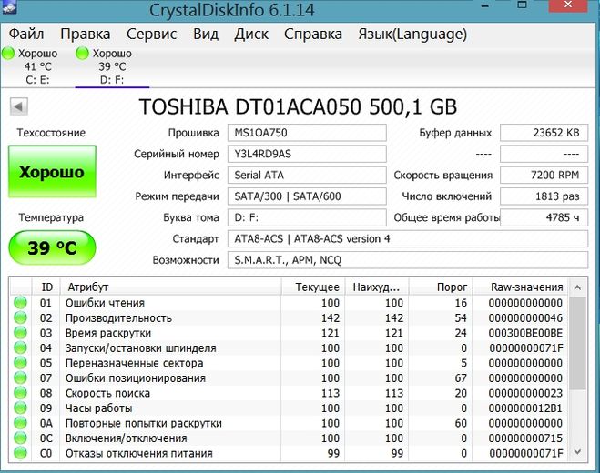 Скриншот программы CrystalDiskInfo