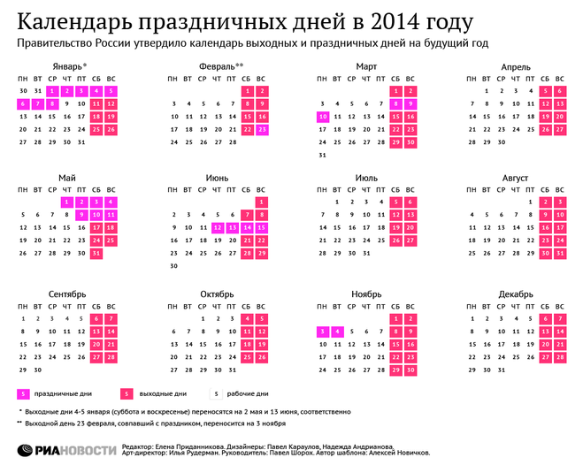 Календарь праздничных и выходных дней на 2014 год