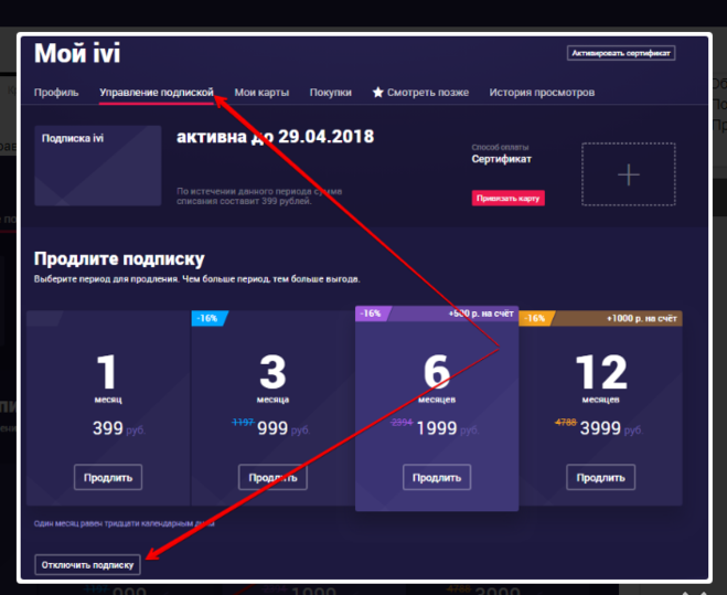 отключение подписки ivi