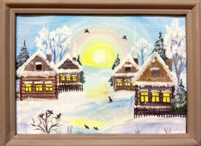 Как нарисовать зимнюю деревню гуашью поэтапно для детей мастер-класс