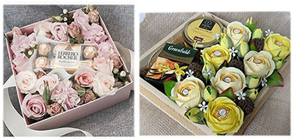 подарочный набор женщинам на 8 марта с живыми цветами и сладостями, конфетно-букетная композиция