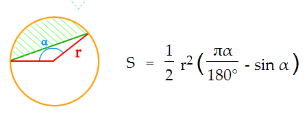 Найти длину сегмента окружности. Площадь кругового сегмента формула. Площадь сегмента круга формула. Формула расчёта площади сегмента круга. Площадь сегмента окружности формула.