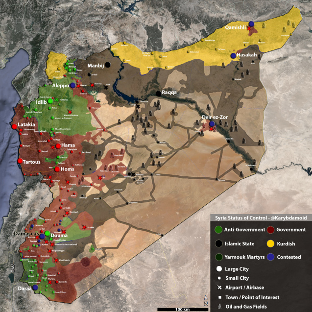 Какую часть Сирии контролирует Асад и правительственные силы в 2016, карта?
