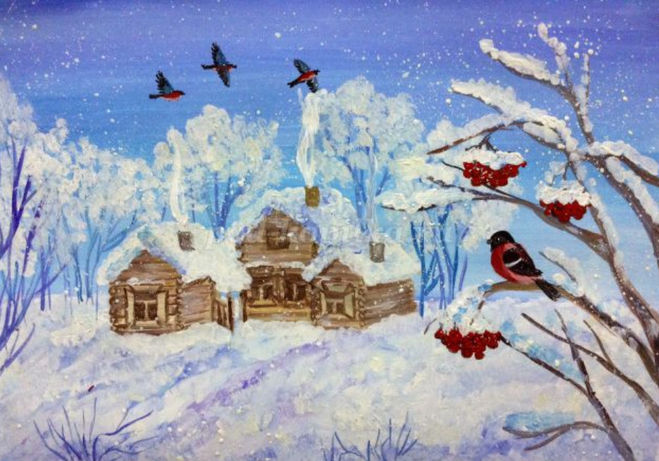рисунок зимний день и снегири поэтапно для детей - мастер класс