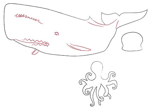 Морские обитатели рисунок карандашом поэтапно кит, осьминог, медуза