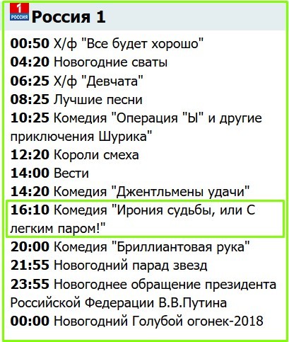 тв программа россия 1 31 декабря 2017