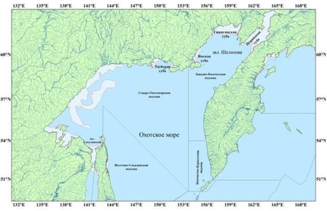 Охотское море глубина в метрах. Наибольшая глубина Охотского моря на карте. Пенжинская губа Охотского моря. Охотское море Пенжинская губа на карте. Расположение Охотского моря на карте.