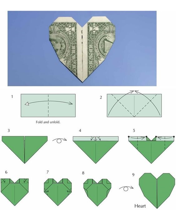 сердце-оригами из доллара схема