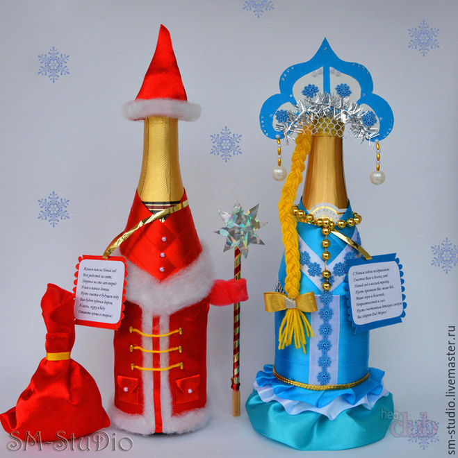 Украшение новогодней бутылки шампанского в снегурочку и Деда Мороза