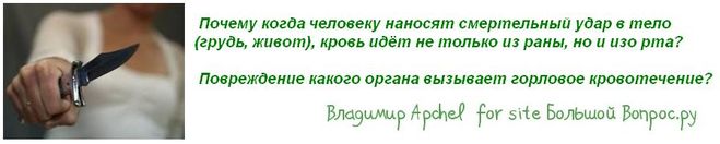 Почему когда человеку наносят смертельный удар в тело (грудь, живот), кровь идёт не только из раны, но и изо рта?   Повреждение какого органа вызывает горловое кровотечение?