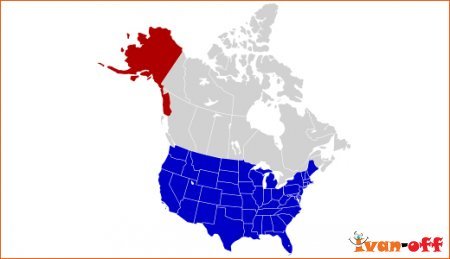 Аляска - коричневым цветом, Канада - серым, Америка - синим.