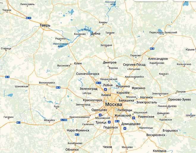 Карта, на которой показаны города Москва и Тверь