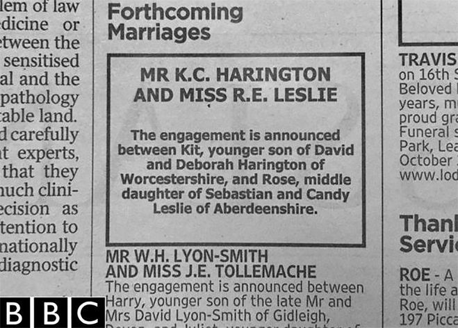 Объявление в Таймс о свадьбе Кит Харингтон и Роуз Лесли