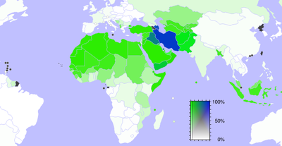 Страны, где более 10 % населения составляют мусульмане. Зелёным цветом отмечены сунниты, синим — шииты. Чёрным выделены страны, по которым информация отсутствует.