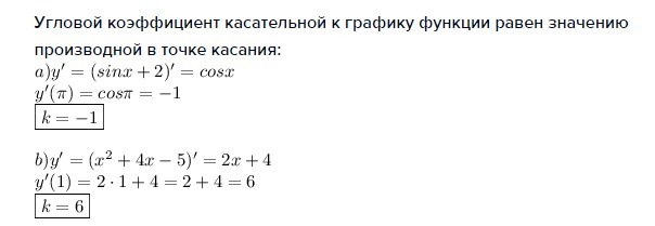 Угловой коэффициент касательной графику функции равен