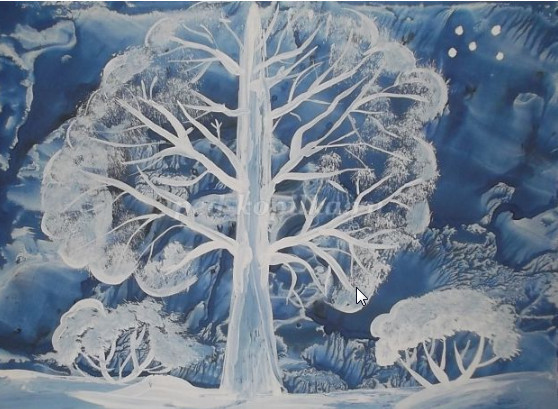 как нарисовать зиму, дерево в снегу поэтапно для детей 5-7 лет мастер-класс гуашь