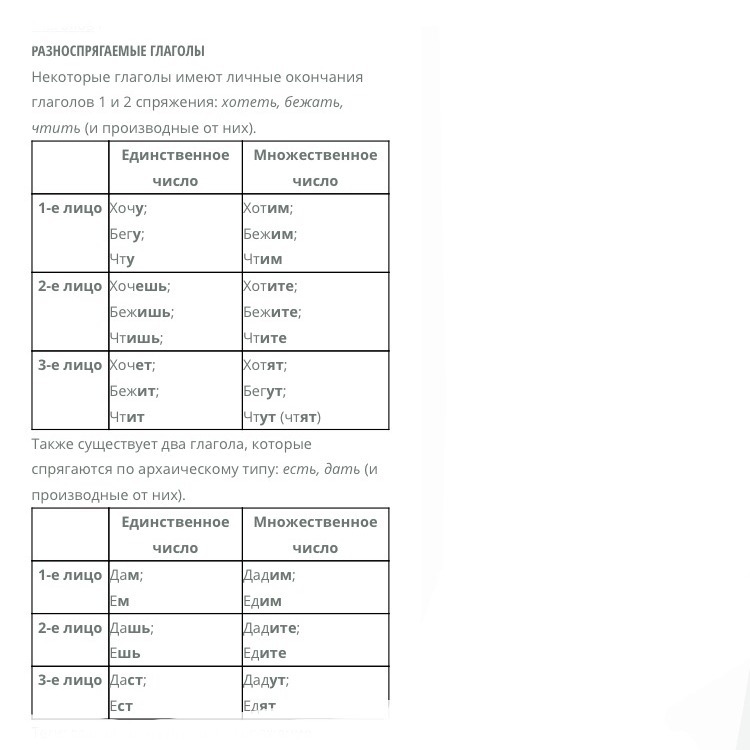Разноспрягаемые глаголы таблица