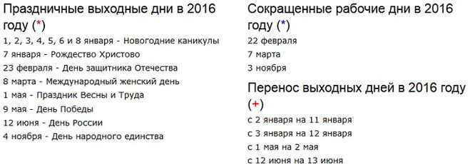 расписание праздников и выходных на 2016 год