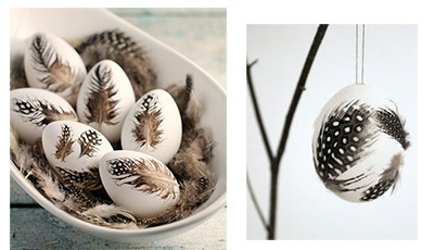 яйца с украшением из перьев на Пасху