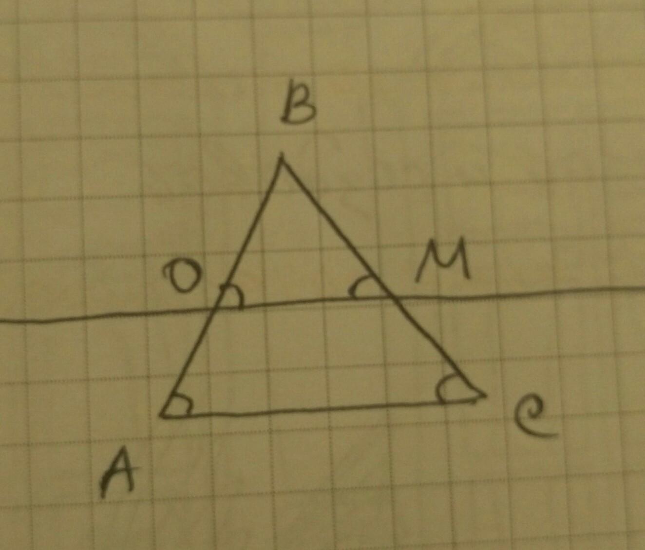 Прямая м пересекает стороны треугольника авс. Прямая параллельная стороне АВ треугольника АВС пересекает. Прямая om параллельная боковой стороне AC.