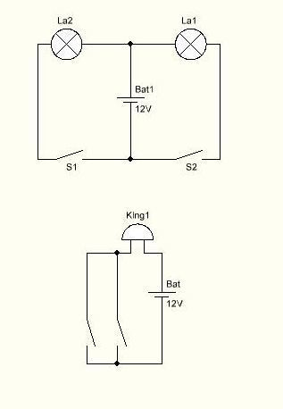Нарисуйте схему соединения батарейки лампочки звонка и двух ключей лампочка включается всякий раз