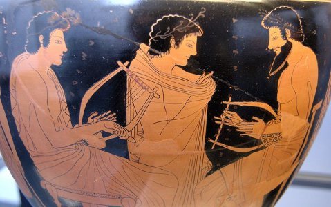 античные музыканты, роспись на вазе